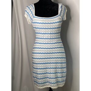 Hollister Women Blue White Striped Pointelle Knit Square Neck Bodycon Dress S